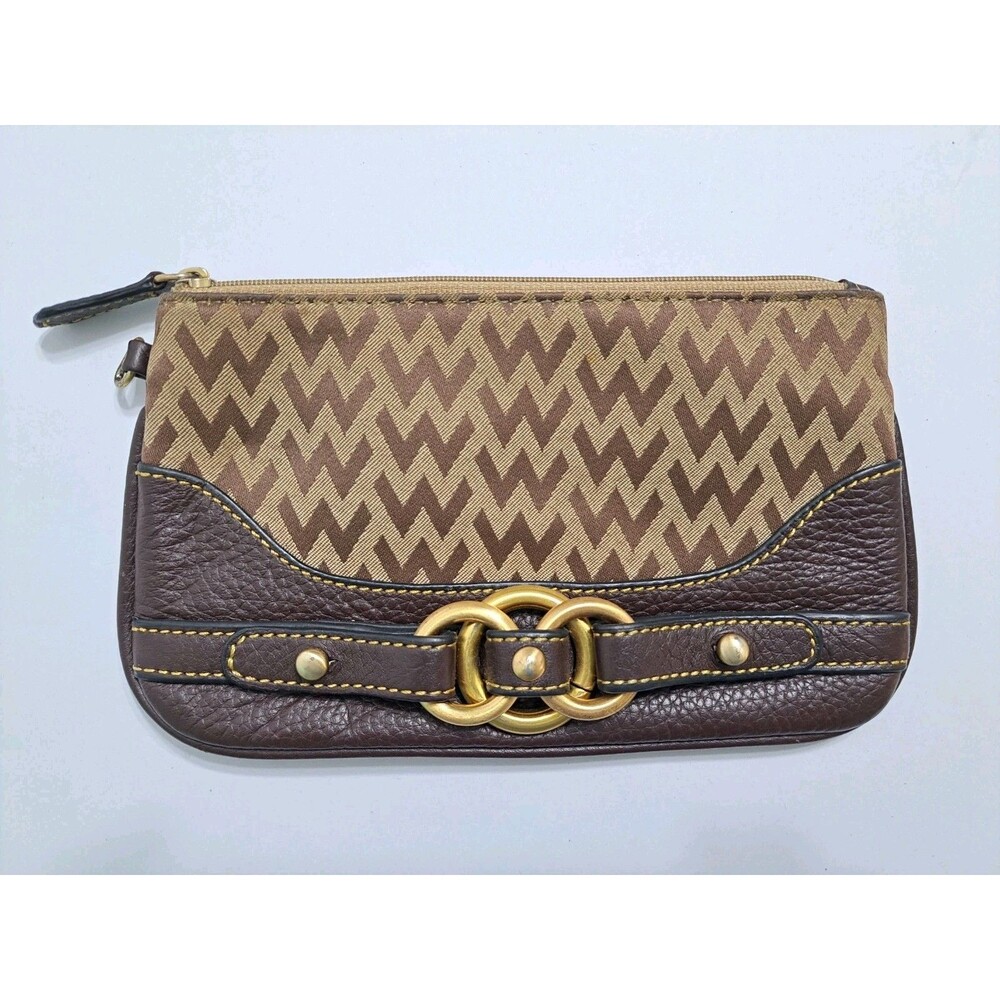Vintage Wilsons Leather Wallet Brown Tan Gold Monogram Canvas Clutch